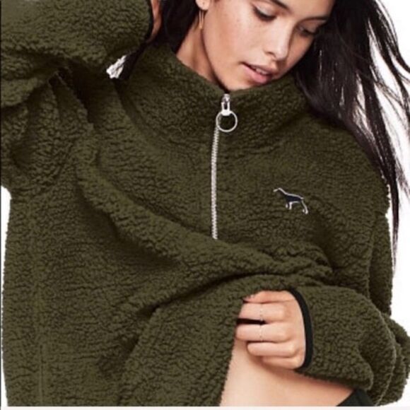 Victoria's Secret PINK Sherpa 1/4 Pullover Olive Green - Picture 1 of 7